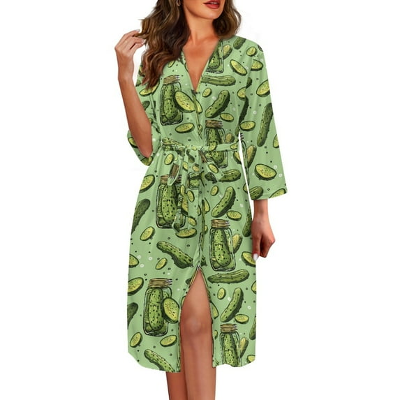 Yuyamidu Cucumber Robes for Women V-Neck Nightgowns Casual Ladies Loungewear Soft Bathrobe Sleepwear Green Mid-Length Night Robe Size S Loose Long Sleeves Kimono Robe