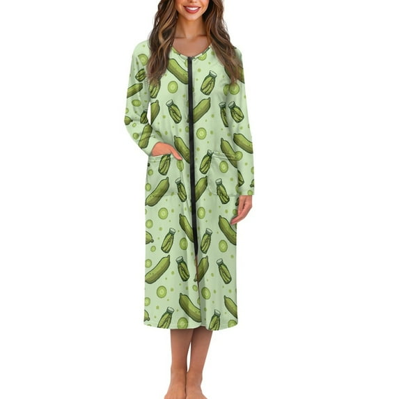 Yuyamidu Cucumber Womens Bathrobe Zipper Front Long Sleeve Robe Green Long Night Gowns for Women Sleepwear Lightweight Bathrobes Loose Dresses, Robe, Gowns Size 4XL