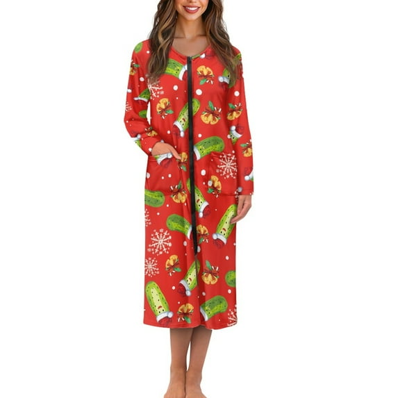 Yuyamidu Cucumber Zipper Front Bathrobe for Women Xmas Bell Long Sleeve Gowns Sleepwear Size 3XL Christmas Robe Spa Robes Womens Pj Lightweight Crewneck House Coats, Red