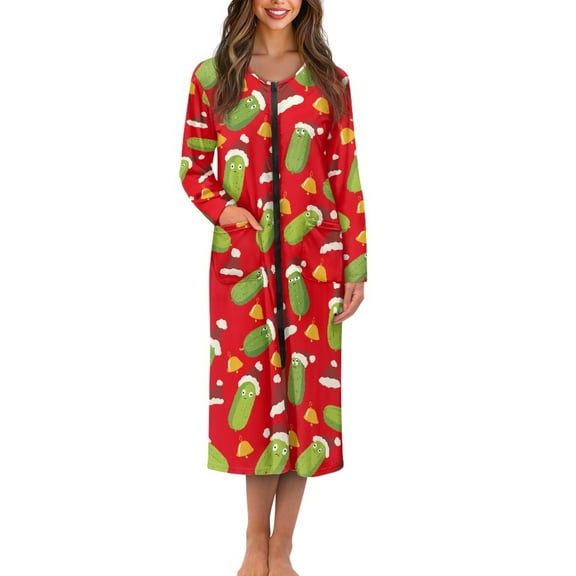 Yuyamidu Cucumber Zipper Robes Women Long Bathrobes for Women Long Sleeve Christmas Robe Size XL Xmas Bell Nightgown with Front Zipper Novelty House Coat Dress, Red