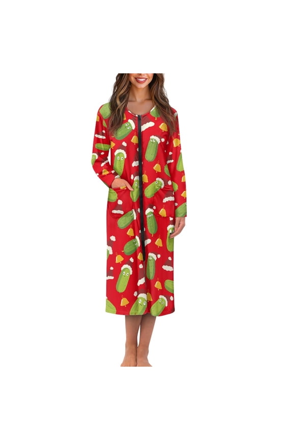 Cucumber Zipper Robes Women Long Bathrobes for Women Long Sleeve Christmas Robe Size XL Xmas Bell Nightgown with Front Zipper Novelty House Coat Dress, Red