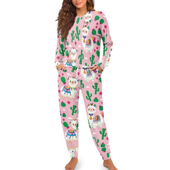 Yuyamidu Cute Alpaca Pjs for Women Set 2 Pieces Casual Scoop Neck Pajama Tops with Long Sweatpants Size 2XL Cactus Long Sleeve Sleepwear Soft Home Wear, Pink