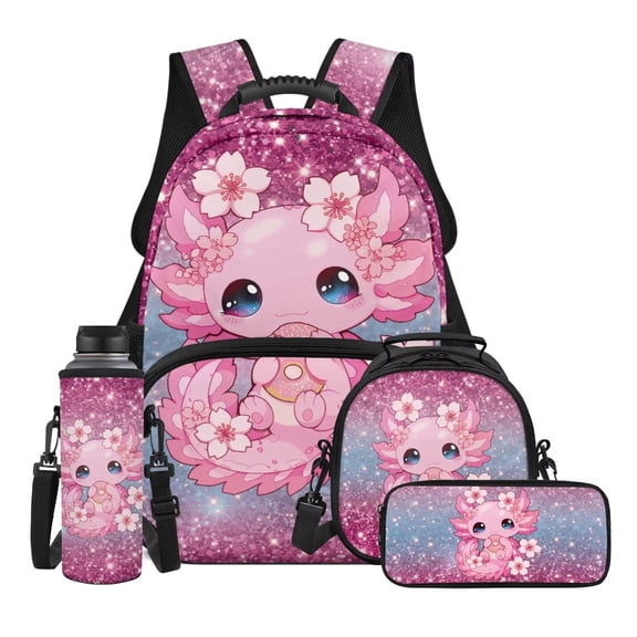 Yuyamidu Cute Axolotl Backpack for Kids Girls 4-6 6-8 8-12 Backpacks with Lunch Box Pencil Case Bottle Holder Elementary Preschool School Bag Packs for Child Middle Students Bookbag