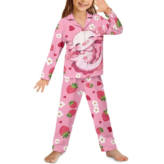 Yuyamidu Cute Axolotl Long Sleeve Pajamas for Girls 5-6 Strawberry Long Pj Pants Set of 2 Casual Home Loungewear Pink Button Down Sleep Wear Pullover Tops