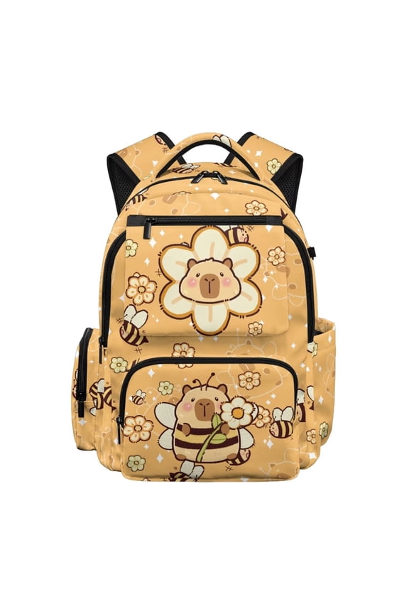 Cute Capybara Bee Backpack for Kids 5-7 Girls Kindergarten to 2nd Grade, 17 Inch Lightweight Waterproof Multi-Pocket Bookbag with Padded Adjustable Straps Back to School Gifts