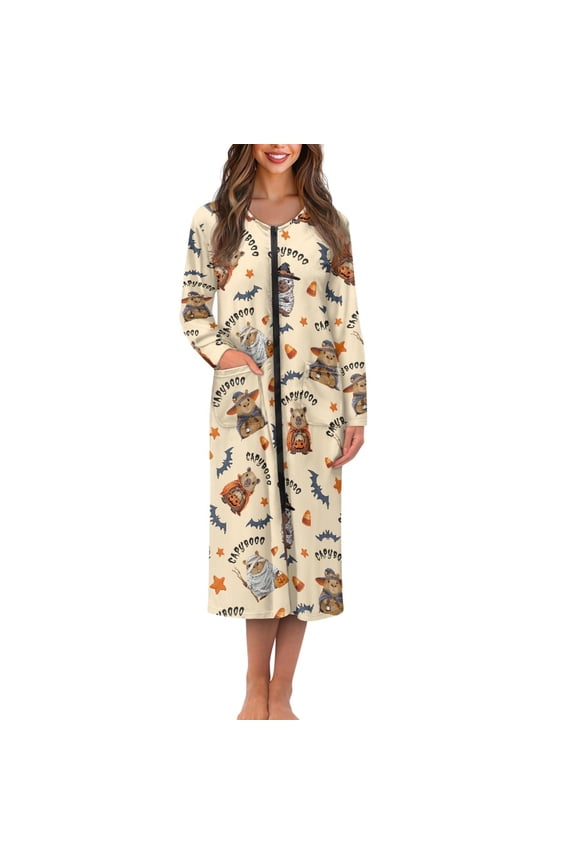 Cute Capybara Front Zipper Bathrobe for Plus Size Women After Shower Bath Robes Halloween Bat Long Sleeve Nightgowns Dress Size M Stretchy Robe with Pockets
