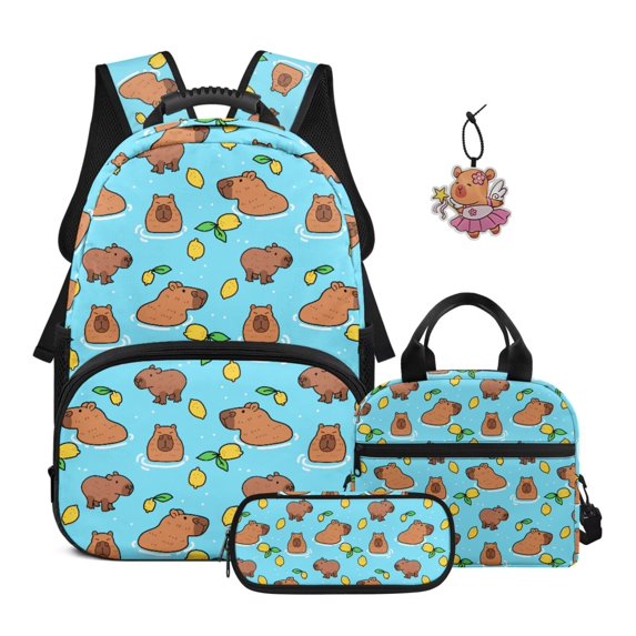 Yuyamidu Cute Capybara Kids Backpack with Lunch Box Girls Boys 5-6/7-8 School Bag and Lunch Bag Pencil Case Set of 4 Back to School Bookbag for Student, Blue