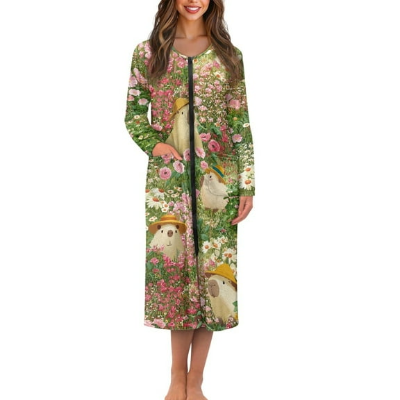 Yuyamidu Cute Capybara Long Bath Robe for Adult Women Flowers Zipper Up Robes Nightgowns Size 2XL Breathable Spa Bathrobes Soft Housecoat Ladies Pajamas Sleepwear