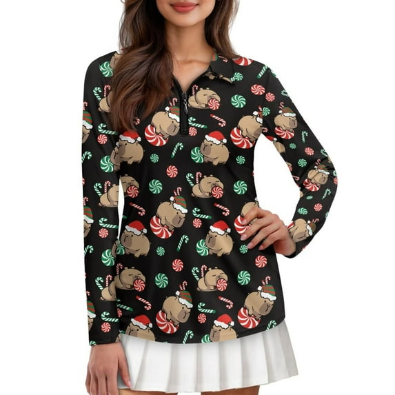 Yuyamidu Cute Capybara Long Sleeve Golf Shirts for Woman Candy Canes Athletic Tennis Shirts Christmas Workout T-shirts Lightweight Pullover Golf Clothes Size M