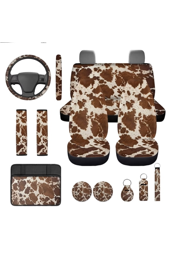 Cute Car Seat Covers Full Set of 13 PCS Brown Cow Print Car Steering Wheel Cover Seat Belt Covers Armrest Pad Cup Coasters Key Ring