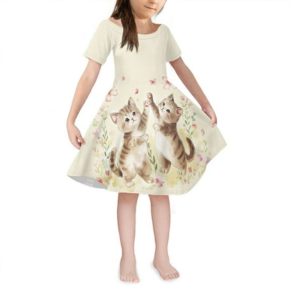 Yuyamidu Cute Cat Dress for Summer Spring Butterfly Twirly Skater Dress Midi Short Sleeve Casual Sundress Teen A-Line Dress One-Shoulder Dresses for Girls 3-4 Years Old