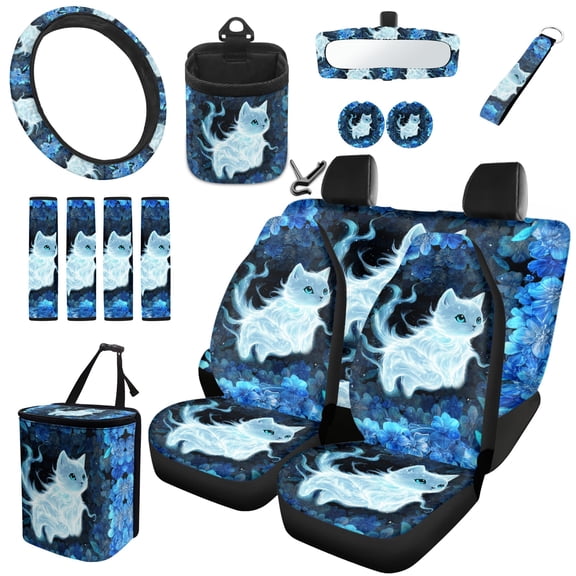 Yuyamidu Cute Cat Front Back Seat Covers for Car Rearview Mirror Cover Hibiscus Steering Wheel Cover Seatbelt Strap Pads Blue Car Trash Bin Air Vent Bag Cup Coasters Keychain, 15 PCS