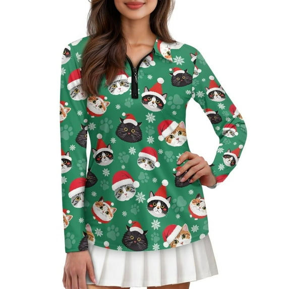 Yuyamidu Cute Cat Golf Tops Women Christmas Golf Shirts Long Sleeve Collared Tennis Shirt Green Quarter Zip V Neck Slim Fit Activewear Size M