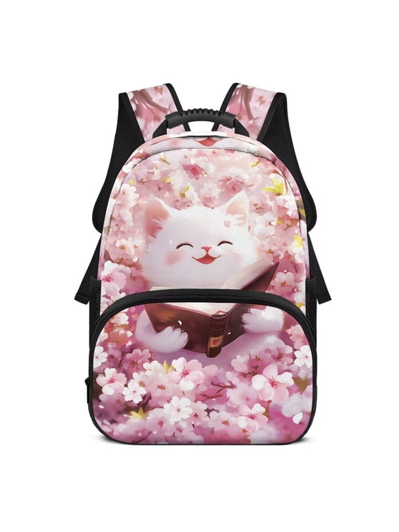 Cute Cat Kids Backpack for Teens 13-16, Lightweight Middle School Book Bag, Cherry Blossom Shoulder Bag for Girls High School