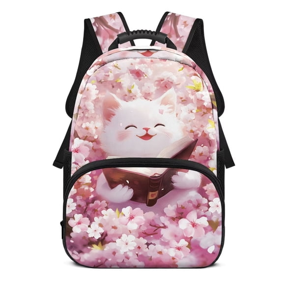 Yuyamidu Cute Cat Kids Backpack for Teens 13-16, Lightweight Middle School Book Bag, Cherry Blossom Shoulder Bag for Girls High School