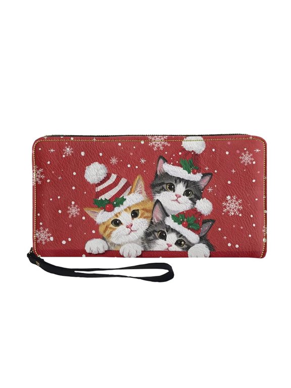 Cute Cat Long Wallet for Women PU Leather Zip Around Phone Holder Clutch Travel Purse with Wristlet Red Christmas Purse