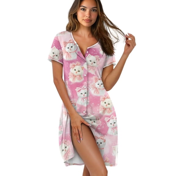 Yuyamidu Cute Cat Nightgowns for Women Soft Short Sleeve Night Shirts Comfy Soft Pleated Flowy Night Dress Button Down Crew Neck Housecoat