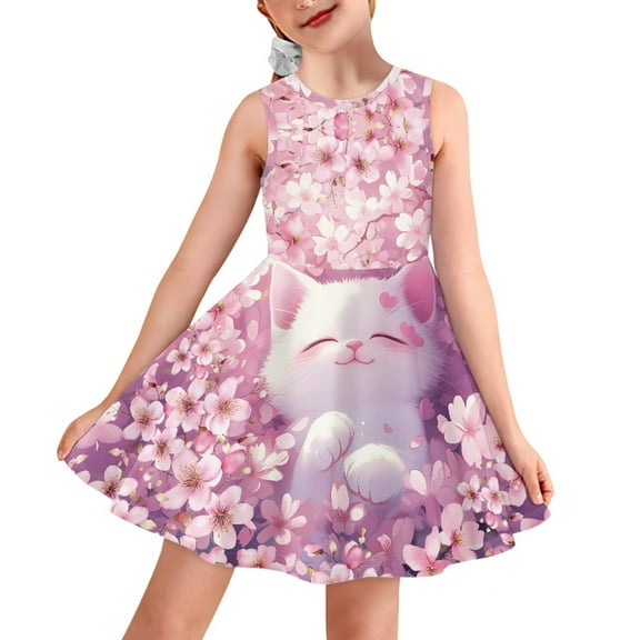 Yuyamidu Cute Cat Tank Dress Cherry Blossom Girls Sleeveless Dress Size 11-12T Skin Friendly Knee Length Flared Beach Sundress Pink Party Dresses for Kids Girls