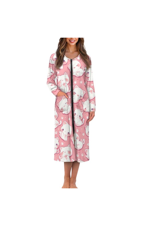 Cute Cat Zipper Bathrobe for Women Lightweight Long Sleeve Robes Nightgowns Pink Mid-Calf Length Bathrobes Cat Paw Zipper Front Housecoat Size 2XL Spa Robes