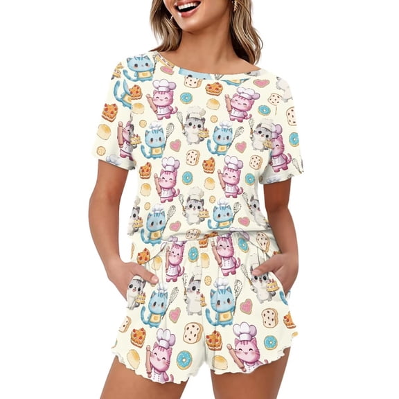 Yuyamidu Cute Cats Print Pajamas 2 Piece Lounge Sets Sumemr Soft Casual Sleepwear Round Neck Tops with Shorts Nightwear for Women