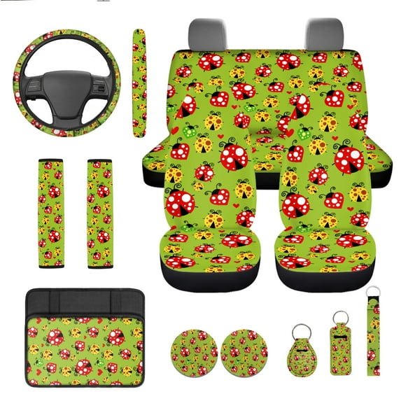 Yuyamidu Cute Colorful Ladybug Car Seat Cover Set with Steering Wheel Cover Green Seat Belt Strap Pads Cup Holder Armrest Cover Pad Lip Balm Holder Keychain, 13 PCS Set