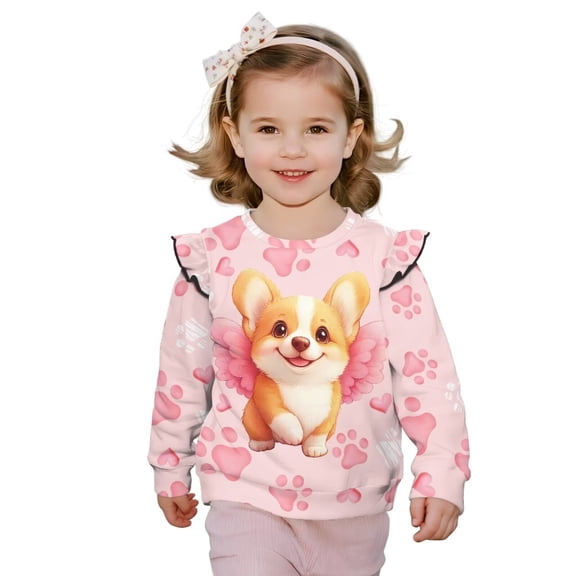 Yuyamidu Cute Corgi Girls Sweatshirt Size 7-8 Pink Crewneck Ruffle Sholder Tops Casual Graphic Fall Clothes for Kids Playwear Long Sleeve Pullover Sweatshirts