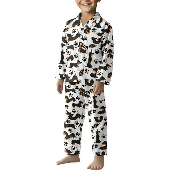 Yuyamidu Cute Dachshund Button Down Sleepwear for Boys Size 11-12 Casual Home Lounge Wear Dog Paw Pajamas Pants for Kids Girls Set of 2