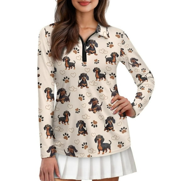 Yuyamidu Cute Dachshund Long Sleeve Golf Shirts for Women Dog Paw Workout Tops Athletic Tennis Shirts Lightweight Activewear Golf Clothes Size XS