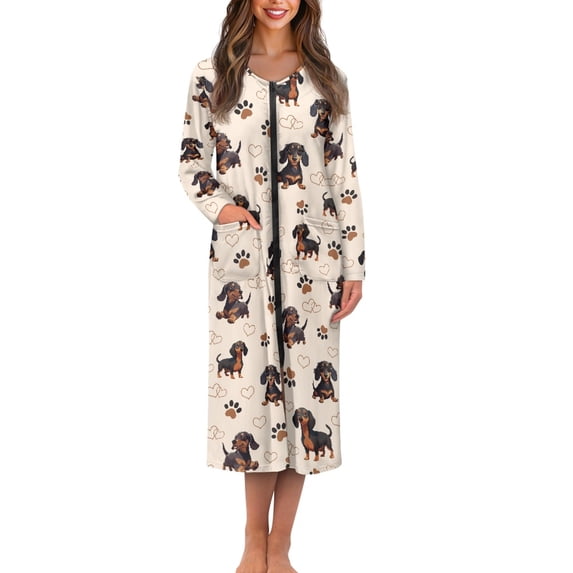 Yuyamidu Cute Dachshund Long Sleeve Robe for Women Dog Paw Round Neck Robes Casual Zippered Bathrobe Ladies Mid-Calf Length Loungewear Size 3XL Comfy Dressing Gown