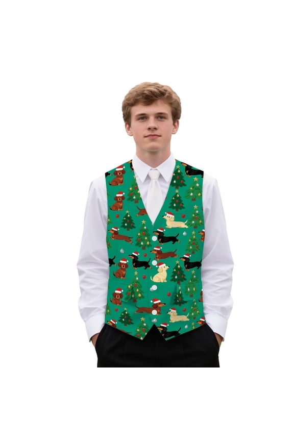 Cute Dachshund Mens Suit Vest Xmas Tree Business Formal Dress Vests for Men Size 3XL Christmas Casual Wedding Tuxedo Party Waistcoat, Green