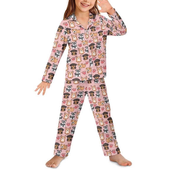 Yuyamidu Cute Dog Button Pajama for Kids Girls Dog Paw Pajamas Shirt & Pants Set with Pockets 2 Pack Lounge Wear Pink Notch Collar Sleepwear Pjs Size 13-14