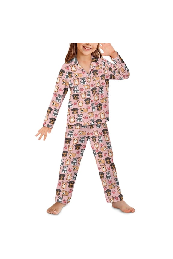 Cute Dog Button Pajama for Kids Girls Dog Paw Pajamas Shirt & Pants Set with Pockets 2 Pack Lounge Wear Pink Notch Collar Sleepwear Pjs Size 9-10