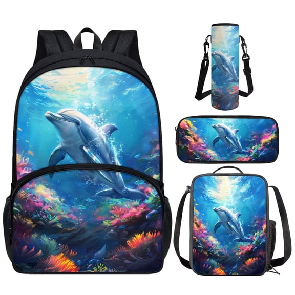 Yuyamidu Cute Dolphin Backpack with Lunch Bag for Kids 8-10 Years Old Blue Ocean Bookbag for Boys 2nd Grade/3rd Grade Preschool Book Bag Girls Lunch Box Pencil Case Water Bottle Bag, Set of 4