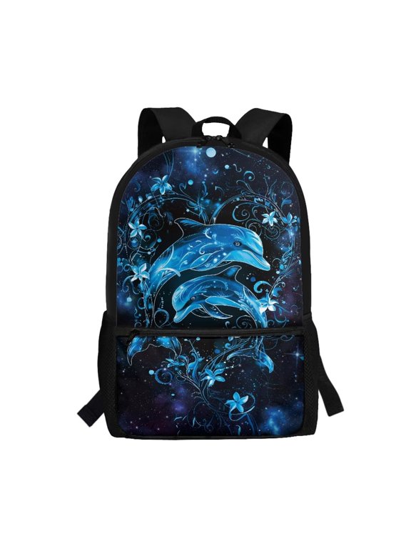 Cute Dolphin Backpacks for Girls Hibiscus Bookbag Middle School Book Bag for Kids Teens Blue Book Bags Large Capacity Backpacks for School