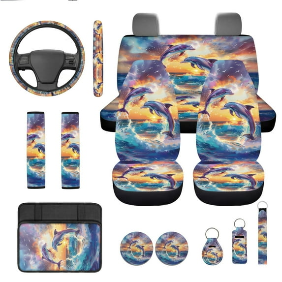 Yuyamidu Cute Dolphin Car Seat Cover Set 13 PCS Sunset Car Steering Wheel Cover Seat Belt Covers Armrest Pad Cup Coasters Keychain Automobile Interior Sets