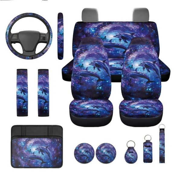 Yuyamidu Cute Dolphin Car Seat Cover Set of 13 Purple Galaxy Steering Wheel Cover Seat Belt Covers Car Armrest Cover Cup Holders Keychain 13 PCS Auto Accessories