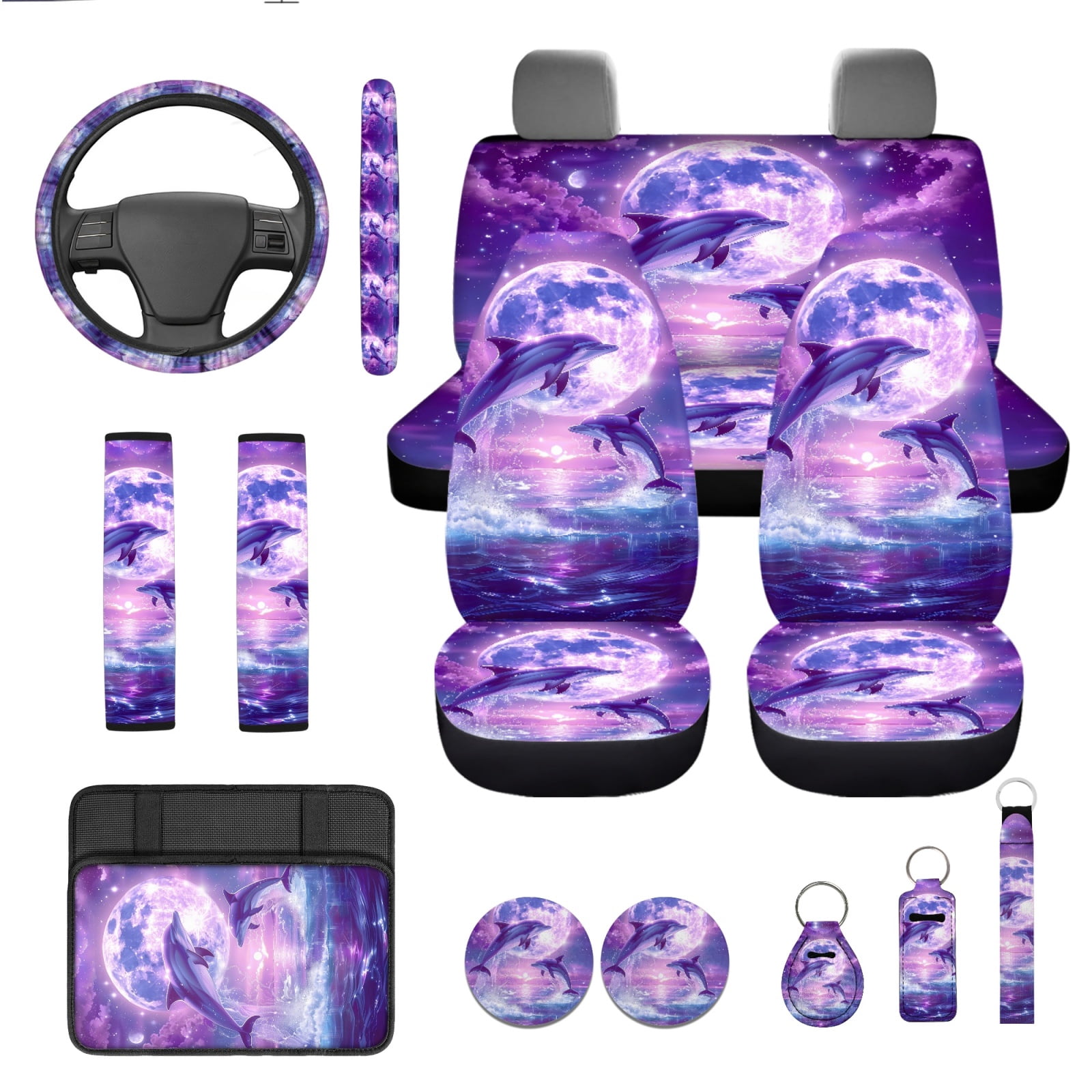 Yuyamidu Cute Dolphin Car Seat Cover Set with Steering Wheel Cover Purple Moon Seat Belt Pad Cup Holder Auto Armrest Cover Keychain Fit for Most Cars SUVs