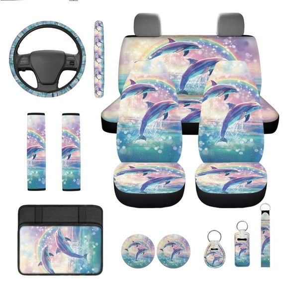 Yuyamidu Cute Dolphin Car Seat Covers Full Set of 13 Rainbow Steering Wheel Cover Seat Belt Pads Armrest Cover Cup Holders Keychain Auto Interior Accessories