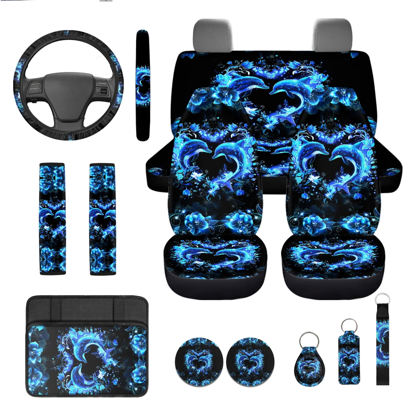 Yuyamidu Cute Dolphin Car Seat Covers Full Set with Steering Wheel Cover Blue Hibiscus Safe Belt Pads Coasters Key Chain Car Center Console Cover, Set of 13