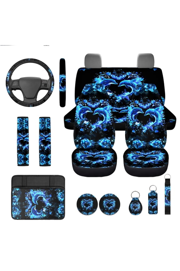 Cute Dolphin Car Seat Covers Full Set with Steering Wheel Cover Blue Hibiscus Safe Belt Pads Coasters Key Chain Car Center Console Cover, Set of 13