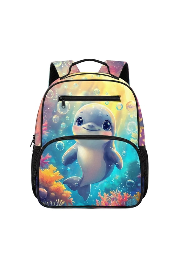 Cute Dolphin Toddler Preschool Backpack for Boys Girls, 13.5 Inch Kids School Bag with Padded Shoulder Straps and Multi-Pocket Design for Daycare and Kindergarten