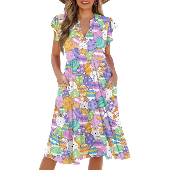 Yuyamidu Cute Easter Dresses for Women Elegant Tshirt Dress Sleeveless Swing Tunic Dresses V Neck Summer Vacation Midi Sundresses Bunny Print, Size M