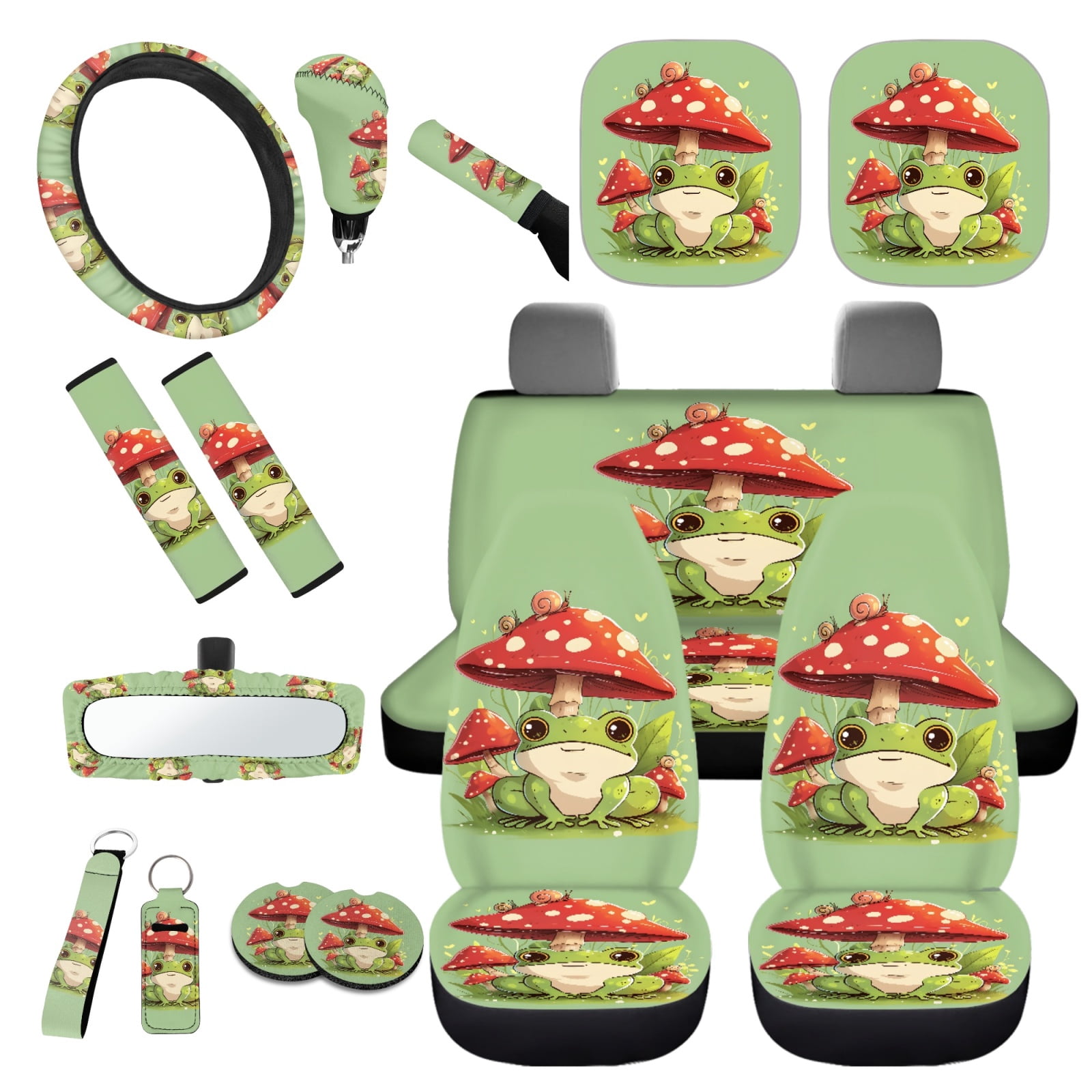 Yuyamidu Cute Frog Auto Seat Cover Set of 16 Mushroom Car Sun Visor Steering Wheel Accessories Seaside Seatbelt Strap Pad Cup Holders Rearview Mirror Cover Keychain Handbrake Gear Shift Knob Cover