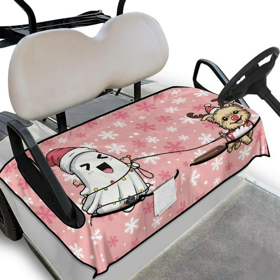 Yuyamidu Cute Ghost Dog Golf Cart Seat Covers Club Car, Pink Christmas Club Car Seat Blanket with Shortage Pockets, Snowflake Golf Cart Seat Towel Blanket Club Car Accessories for 2 Passenger Seat