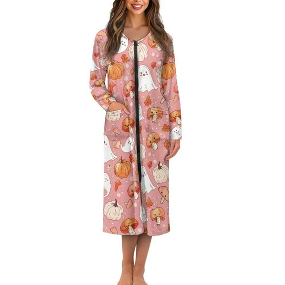 Yuyamidu Cute Ghost Long Bath Robe Mushroom Robes Nightgowns for Women Size 2XL Casual Long Sleeve Zippered Bathrobes Halloween Louge Wear Robe Ladies Pajama House Coat, Pink