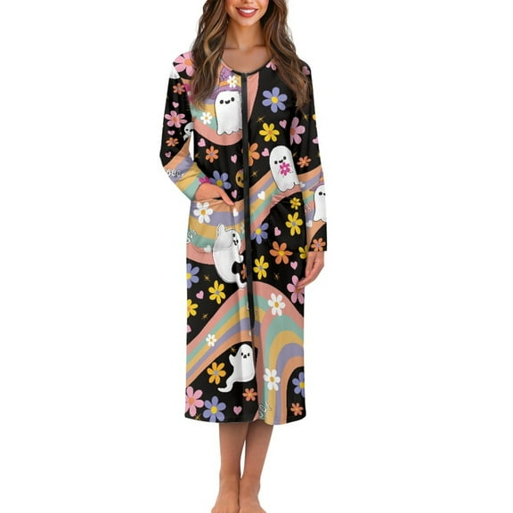 Yuyamidu Cute Ghost Long Bathrobe for Women Hippie Flowers Zipper Front Robe Sleepwear Comfy Zippered Robes Size 3XL Halloween Housecoat Ladies Long Sleeve Loungewear Dress