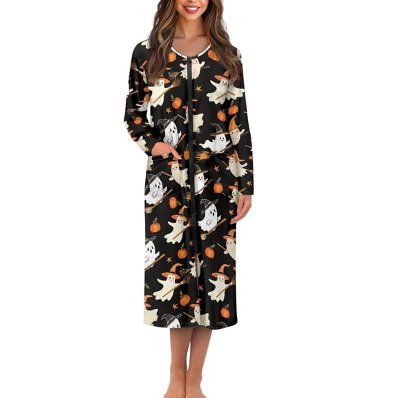 Yuyamidu Cute Ghost Long Sleeve Bathrobe for Women Lightweight Zippered Robes Halloween Long Sleeve Bath Robe Loose Housecoat Nightgown Size 3XL Mid-Length Sleepdress