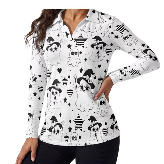 Yuyamidu Cute Ghost Long Sleeve Golf Shirts for Women Tennis Shirts Sweat-Absorbent V Neck Athletic Shirts, Relaxed Fit, Suitable for Hiking, Outdoor Sports, Halloween Themed Casual Wear