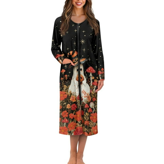 Yuyamidu Cute Ghost Long Sleeve Robe for Women Mushroom Round Neck Robes Halloween Zippered Bathrobe Ladies Mid-Calf Length Loungewear Size S Comfy Dressing Gown