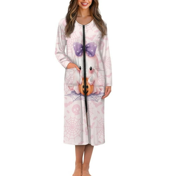 Yuyamidu Cute Ghost Womens Robes Halloween Long Sleeve Bathrobe with Front Zipper Pink Round Neck Gowns for Ladies Sleepwear Housecoat Pumpkin Pajama Nightgown Size 3XL